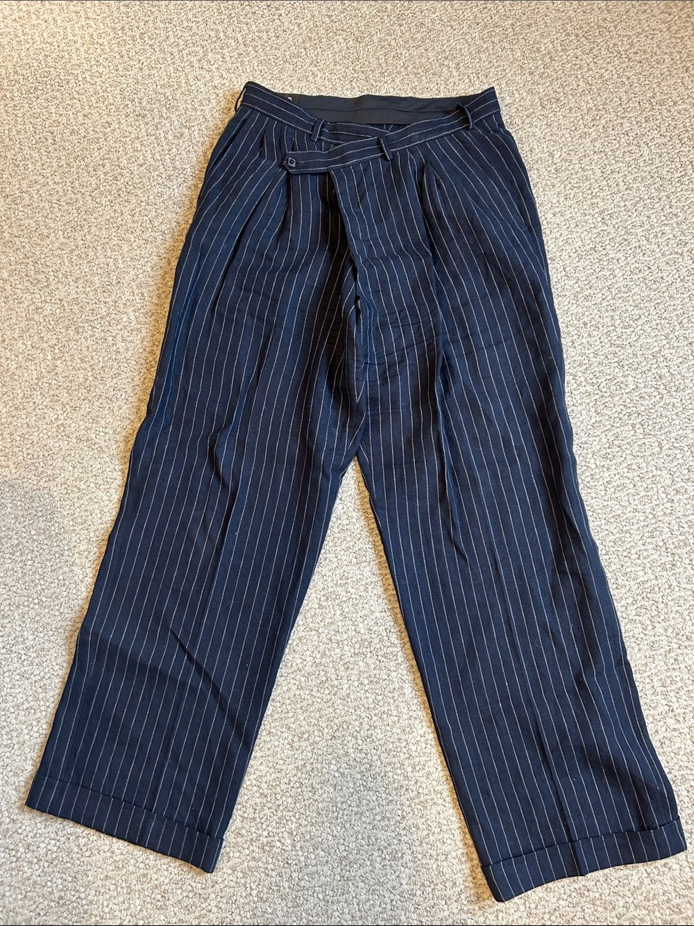 R13 Navy Pinstripe Wide-Leg Trousers